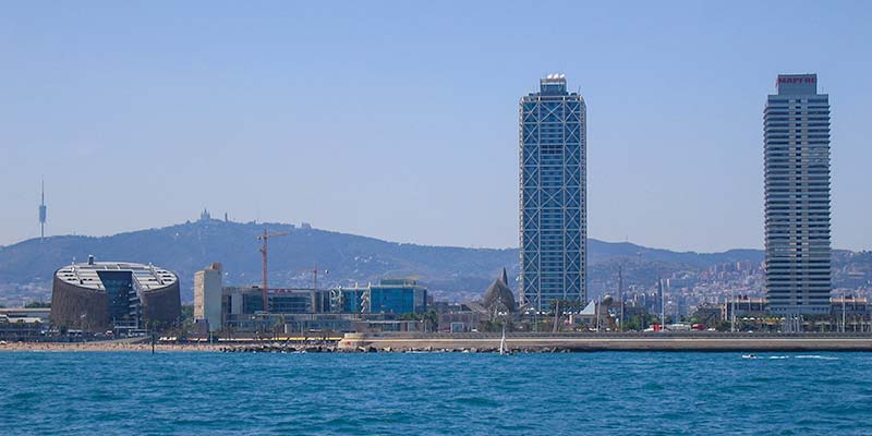 De skyline van Barcelona vanaf de Middelandse Zee